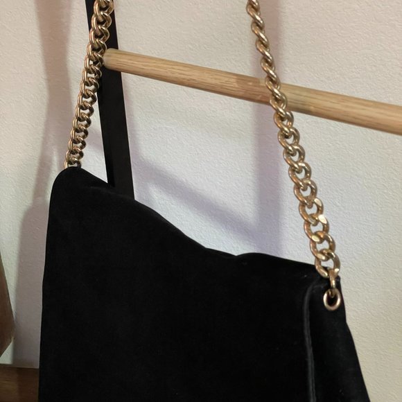 H&M black suede satchel bag with gold link chain strap. - Picture 2 of 5